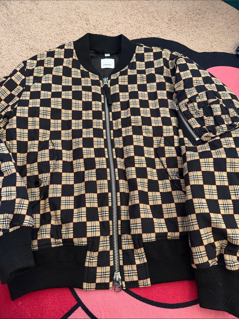 Burberry Black and Beige Check Bomber Jacket with Zip Front